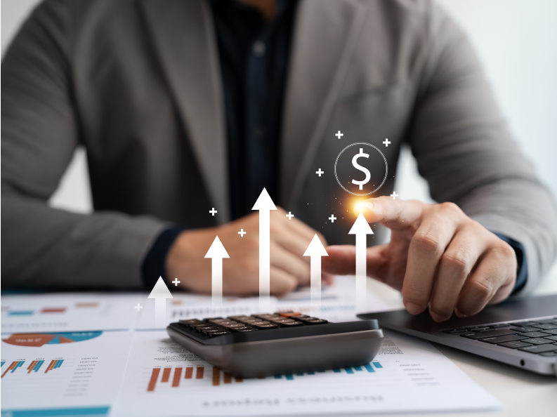 Businessman analyzing financial growth and profits.