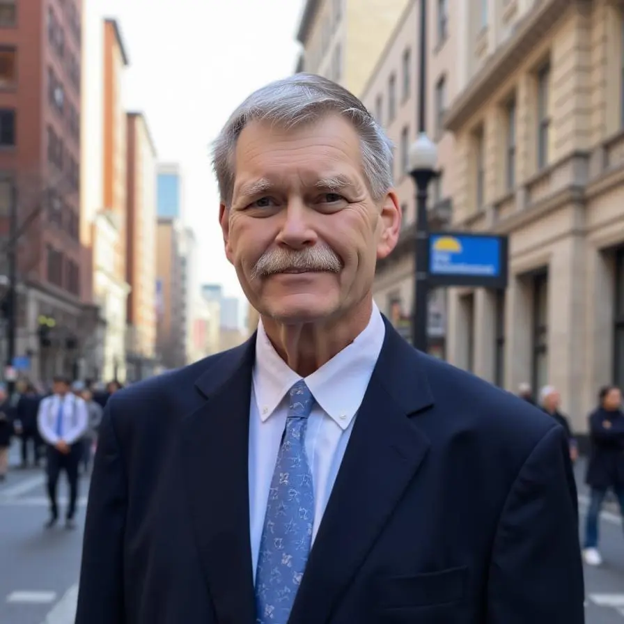 Man in suit standing on city street.